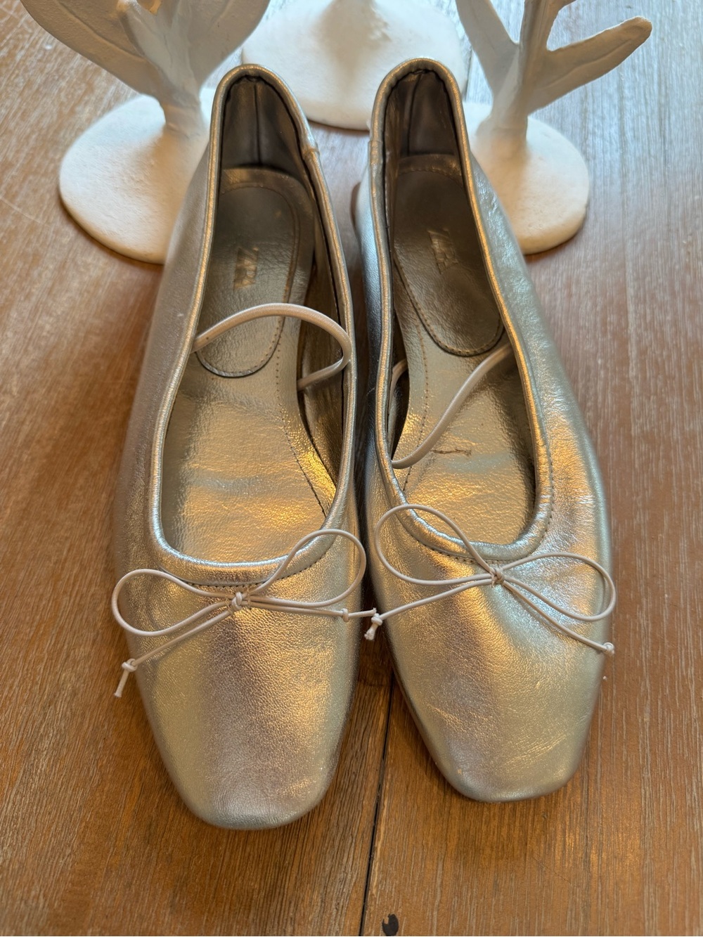 Zara Silver Square Toe Ballet Flats with Bow Accent